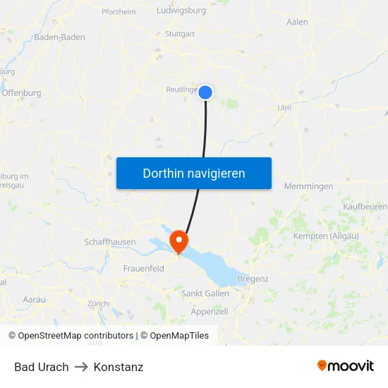 Bad Urach to Konstanz map