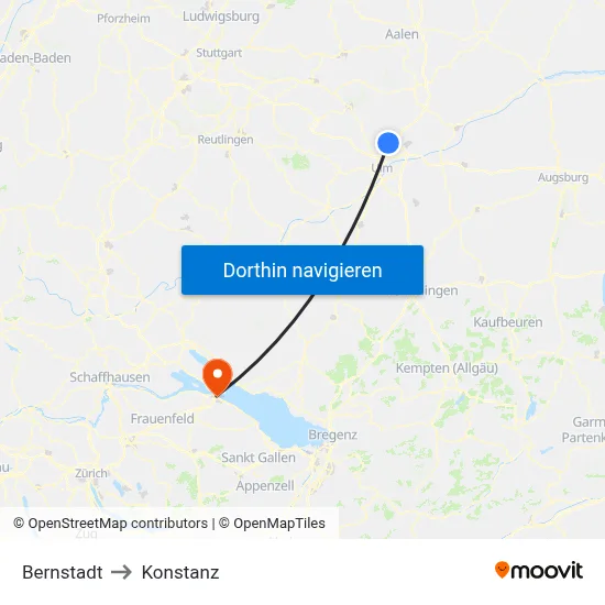 Bernstadt to Konstanz map
