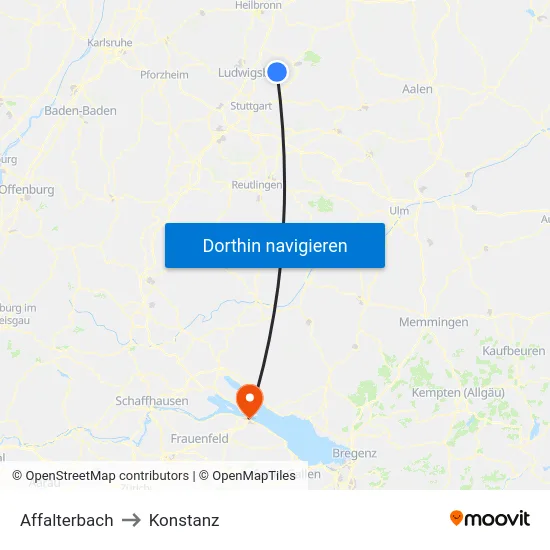 Affalterbach to Konstanz map