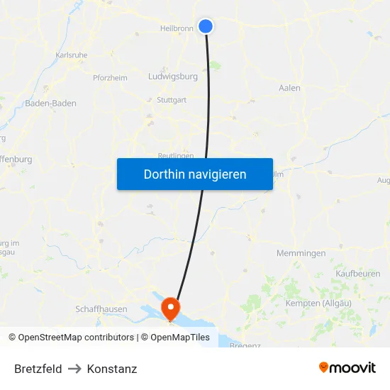 Bretzfeld to Konstanz map
