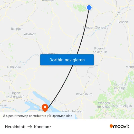 Heroldstatt to Konstanz map
