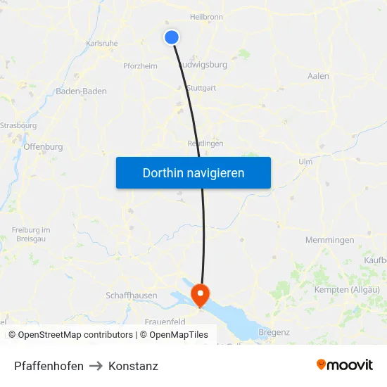 Pfaffenhofen to Konstanz map