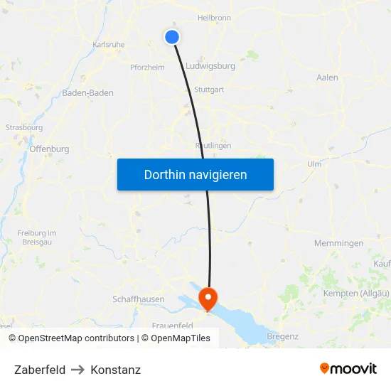 Zaberfeld to Konstanz map