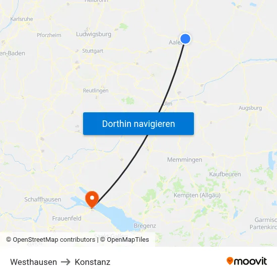 Westhausen to Konstanz map