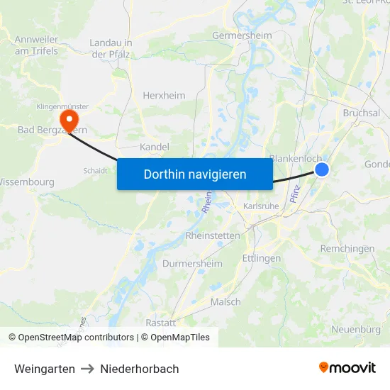 Weingarten to Niederhorbach map