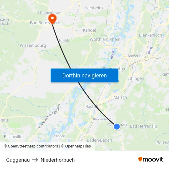 Gaggenau to Niederhorbach map