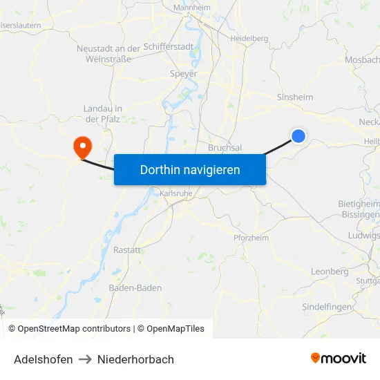 Adelshofen to Niederhorbach map
