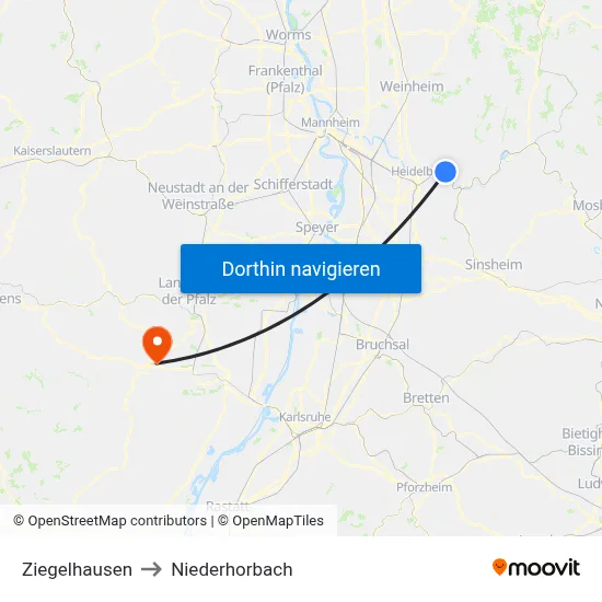 Ziegelhausen to Niederhorbach map