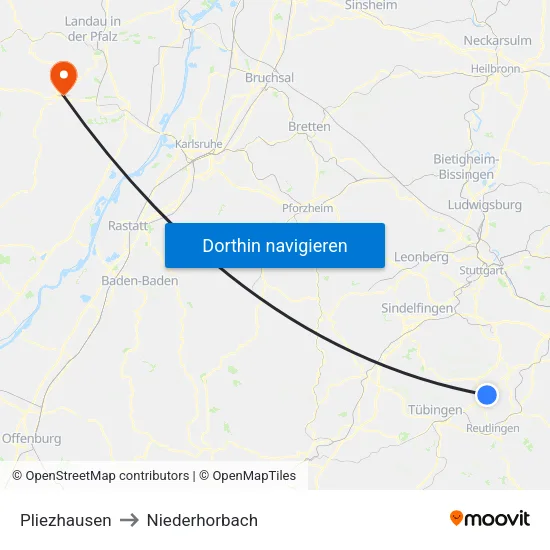 Pliezhausen to Niederhorbach map