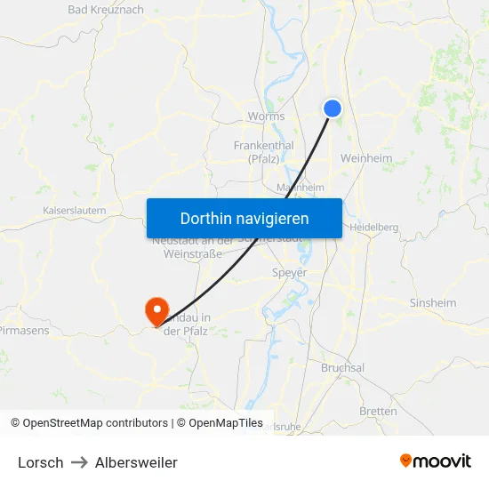 Lorsch to Albersweiler map