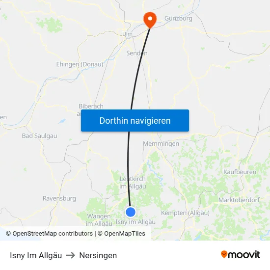 Isny Im Allgäu to Nersingen map