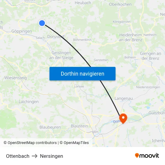 Ottenbach to Nersingen map
