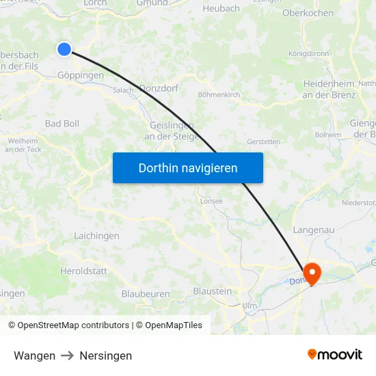 Wangen to Nersingen map