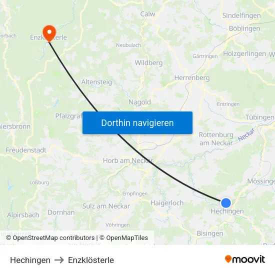Hechingen to Enzklösterle map