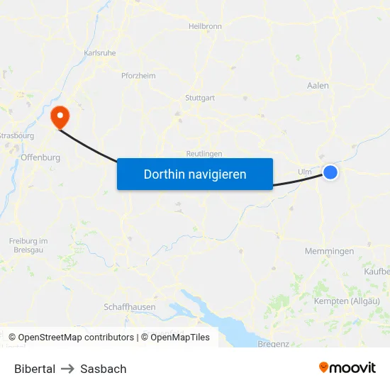 Bibertal to Sasbach map