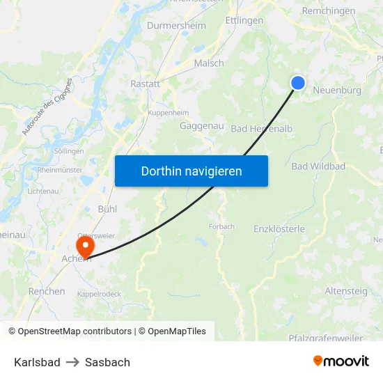 Karlsbad to Sasbach map