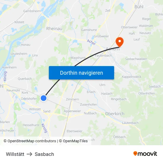 Willstätt to Sasbach map