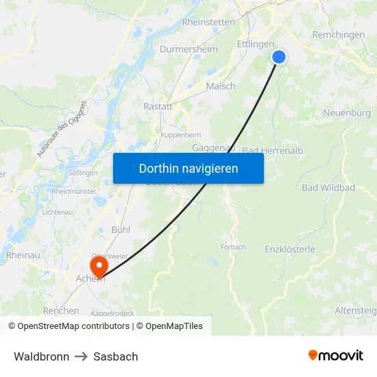 Waldbronn to Sasbach map