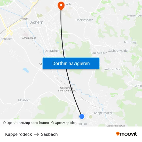 Kappelrodeck to Sasbach map