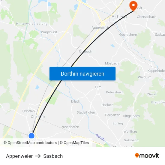 Appenweier to Sasbach map