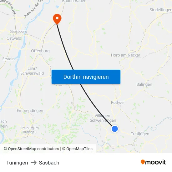 Tuningen to Sasbach map