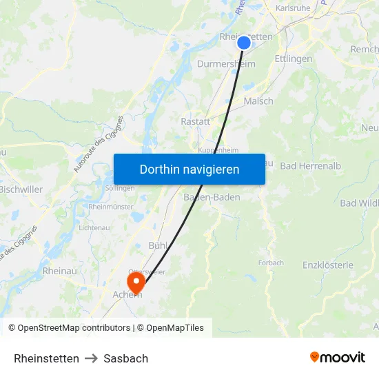 Rheinstetten to Sasbach map