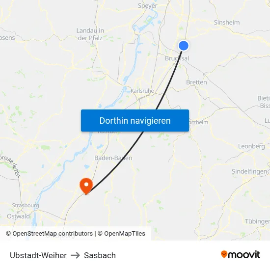 Ubstadt-Weiher to Sasbach map