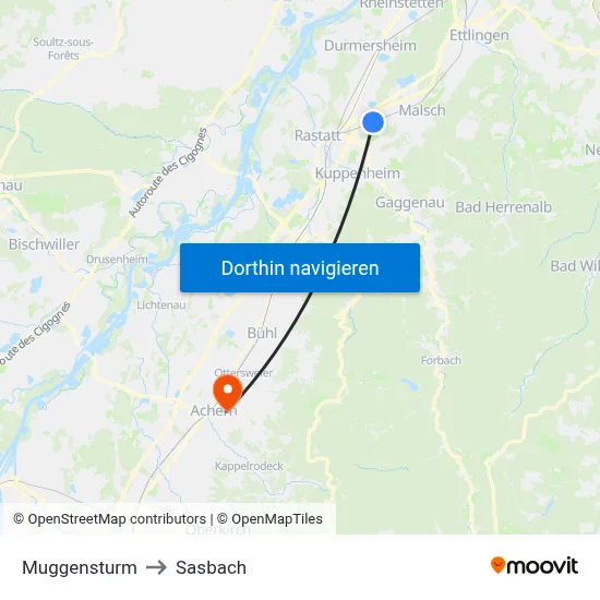 Muggensturm to Sasbach map