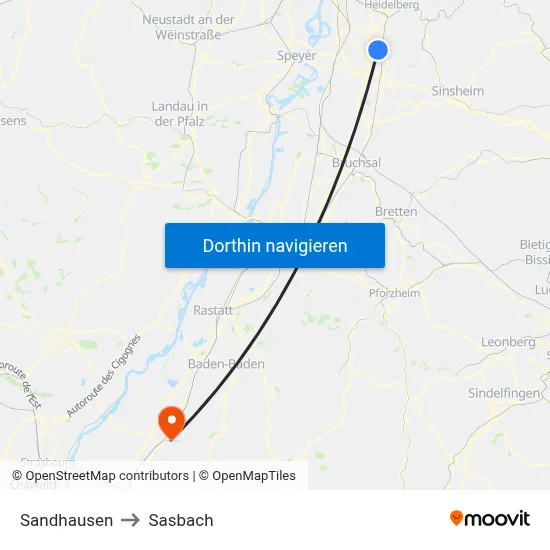 Sandhausen to Sasbach map