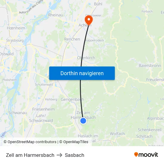 Zell am Harmersbach to Sasbach map