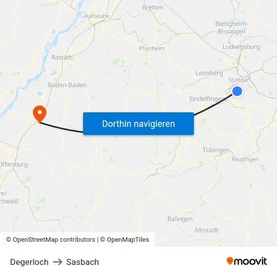 Degerloch to Sasbach map