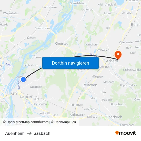 Auenheim to Sasbach map