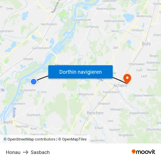 Honau to Sasbach map