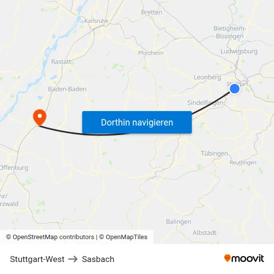 Stuttgart-West to Sasbach map