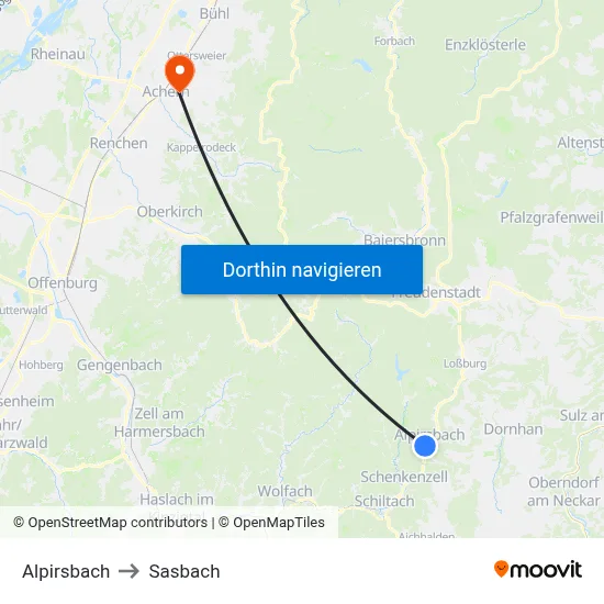 Alpirsbach to Sasbach map