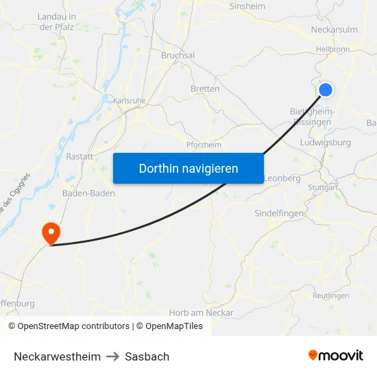 Neckarwestheim to Sasbach map
