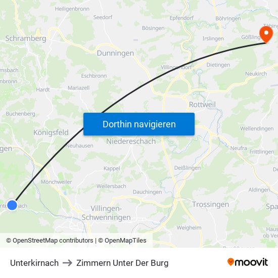 Unterkirnach to Zimmern Unter Der Burg map