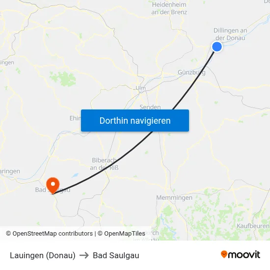 Lauingen (Donau) to Bad Saulgau map