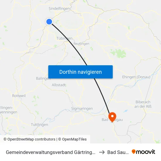 Gemeindeverwaltungsverband Gärtringen/Ehningen to Bad Saulgau map