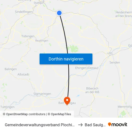 Gemeindeverwaltungsverband Plochingen to Bad Saulgau map