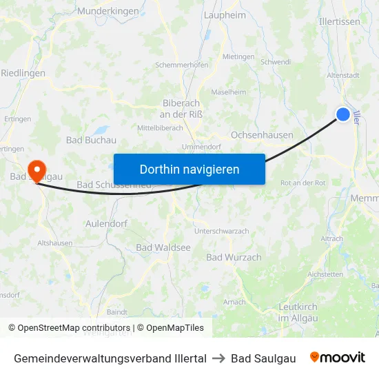 Gemeindeverwaltungsverband Illertal to Bad Saulgau map