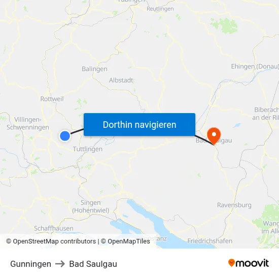 Gunningen to Bad Saulgau map