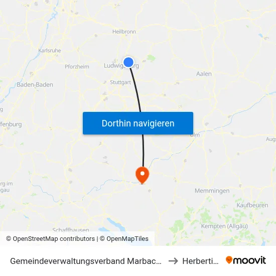 Gemeindeverwaltungsverband Marbach am Neckar to Herbertingen map