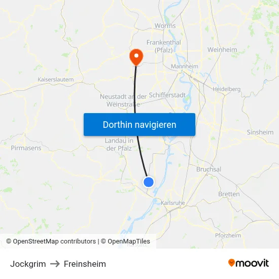 Jockgrim to Freinsheim map
