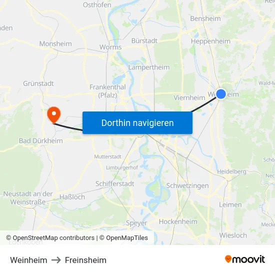 Weinheim to Freinsheim map