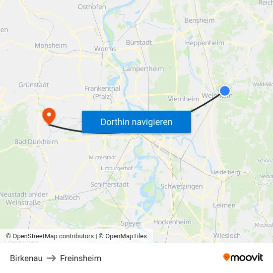 Birkenau to Freinsheim map