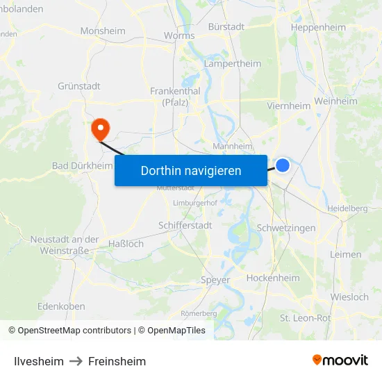 Ilvesheim to Freinsheim map