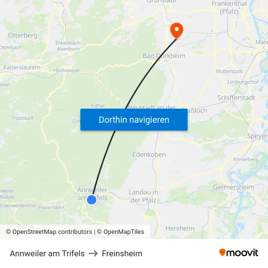Annweiler am Trifels to Freinsheim map