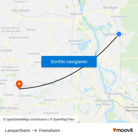Lampertheim to Freinsheim map
