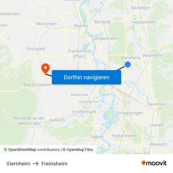 Viernheim to Freinsheim map